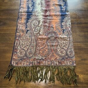 Klaus Duffy Pashmina Scarf Brown Earth Tone Floral Fringe 100% Wool 40" x 82"